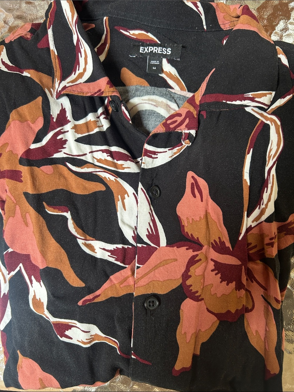Express Men's Black Button-Down Shirt with Rust and Cream Floral Print